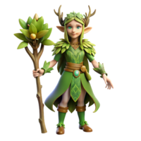 vibrant minimalist A graceful wood elf, adorned with leaves and flowers, holding a magic staff, fantasy art style, soft diffused light filtering through trees authentic png