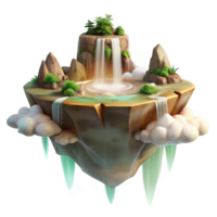 stunning contemporary A serene, floating island with waterfalls cascading down its sides, surrounded by a swirling mist, illuminated by a soft, golden light. Fantasy landscape art style professional png