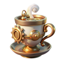 magnificent creative A whimsical steampunk teacup, porcelain with brass accents and gears, steam rising from the hot tea, warm, inviting lighting detailed png