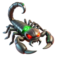 vibrant traditional A menacing steampunk scorpion, metallic body with glowing green eyes, ominous red lighting authentic png