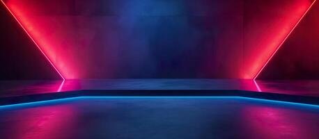 A dark room with neon lights and a red and blue light photo