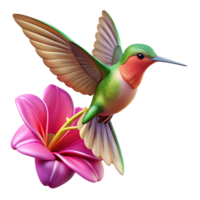 serene modern A hummingbird hovering near a vibrant fuchsia flower, motion blur on wings, bokeh effect, warm sunlight, photorealistic style, detailed png