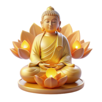 serene abstract A serene, meditating Buddha statue emanating a golden aura, surrounded by floating, glowing lotuses, illuminated by a soft, divine light. Buddhist art style professional png