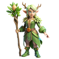 beautiful creative A graceful wood elf, adorned with leaves and flowers, holding a magic staff, fantasy art style, soft diffused light filtering through trees authentic png