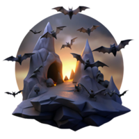 stunning traditional A colony of bats flying out of a dark cave at dusk, silhouetted against the twilight sky, in a spooky, gothic style professional png