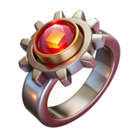 serene vintage An elegant steampunk ring, silver band with a gear and ruby setting, lit by a soft, sparkling light high resolution png