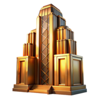extraordinary abstract Art Deco skyscraper, intricate geometric facade, chrome accents, bathed in golden sunset light, highly polished surfaces authentic png