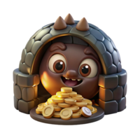 serene abstract A mischievous brownie, hiding amongst a pile of gold coins in a dark, dusty cellar. Dim, candlelit lighting. Folklore style professional png