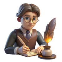 serene contemporary Portrait of a pensive writer with spectacles and a quill pen, lit by a warm desk lamp, in a vintage literary style professional png
