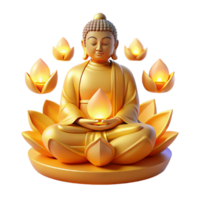 extraordinary artistic A serene, meditating Buddha statue emanating a golden aura, surrounded by floating, glowing lotuses, illuminated by a soft, divine light. Buddhist art style authentic png