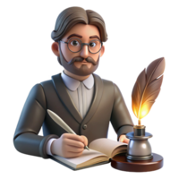 wonderful rustic Portrait of a pensive writer with spectacles and a quill pen, lit by a warm desk lamp, in a vintage literary style premium png