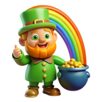 stunning contemporary A mischievous leprechaun guarding a pot of gold at the end of a rainbow, lit by the vibrant colors of the rainbow, in a cartoon style high resolution png
