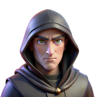 magnificent vintage Portrait of a skilled assassin with a hooded cloak, a hidden blade, and a cold stare. Low-key lighting with a single spotlight professional png