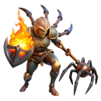 magnificent abstract A fierce warrior wielding a flaming battleaxe, charging towards a giant spider. Dark fantasy style detailed png