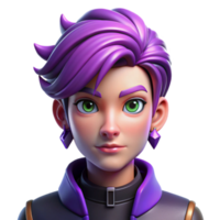stunning artistic Portrait of a non-binary person with vibrant purple hair styled in an undercut, multiple piercings, and a defiant expression. Neon cyberpunk lighting. Style graphic novel detailed png