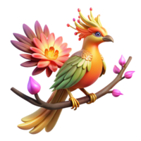 impressive contemporary A majestic Slavic firebird perched on a blooming tree branch, feathers glowing with intense light, dark forest background. Slavic folklore style high quality png
