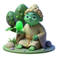 vibrant artistic A wise old kappa sitting by a riverbank, holding a cucumber, soft green light filtering through the trees. Japanese folklore style original png
