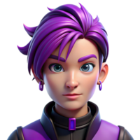wonderful artistic Portrait of a non-binary person with vibrant purple hair styled in an undercut, multiple piercings, and a defiant expression. Neon cyberpunk lighting. Style graphic novel 4K png