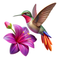 vibrant traditional A hummingbird hovering near a vibrant fuchsia flower, motion blur on wings, bokeh effect, warm sunlight, photorealistic style, detailed png