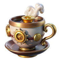 serene classic A whimsical steampunk teacup, porcelain with brass accents and gears, steam rising from the hot tea, warm, inviting lighting original png
