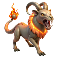 vibrant rustic A fearsome chimera with a lion's head, a goat's body, and a serpent's tail, breathing fire, lit by the orange glow of the flames, in a medieval tapestry style authentic png