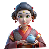 impressive rustic A robotic geisha, with intricate porcelain features and glowing LED eyes, performing a traditional tea ceremony in a futuristic garden. Soft lighting, painterly style detailed png