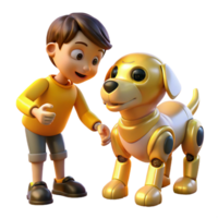 dramatic rustic A robotic dog interacting with a child, warm yellow lighting, playful style authentic png