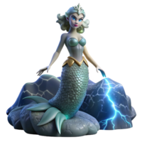 wonderful classic An elegant siren with shimmering scales and hypnotic eyes, perched on a jagged rock amidst a stormy sea, lit by dramatic lightning, in a Romantic painting style detailed png