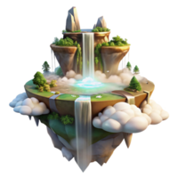 impressive rustic A serene, floating island with waterfalls cascading down its sides, surrounded by a swirling mist, illuminated by a soft, golden light. Fantasy landscape art style genuine png
