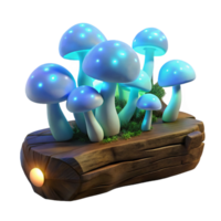 dramatic rustic A cluster of bioluminescent mushrooms growing on a fallen log in a dark forest, emitting a soft, ethereal glow, volumetric lighting. Fantasy art style detailed png