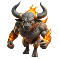stunning rustic A powerful Minotaur, with intricate labyrinthine patterns carved into its horns, raging in a fiery forge, dramatic chiaroscuro lighting, baroque painting style professional png