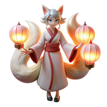 sereno rustico un' abile kitsune con nove fluente code, trasformando in un' bellissimo donna, illuminato di il morbido splendore di carta lanterne, nel un' giapponese blocco di legno Stampa stile alto risoluzione png