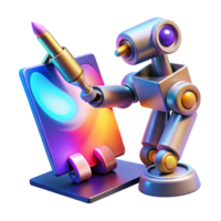 stunning artistic A robotic arm holding a paintbrush and creating a digital painting on a holographic canvas, vibrant colors and abstract style, illuminated by a spotlight authentic png
