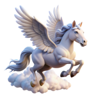 serene traditional A winged Pegasus soaring through the clouds, sunlight glinting off its white coat. Dynamic pose, realistic rendering professional png