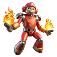 vibrant artistic A robot firefighter battling a raging inferno, lit by the flames and flashing emergency lights in a heroic style detailed png