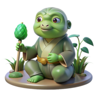 beautiful classic A wise old kappa sitting by a riverbank, holding a cucumber, soft green light filtering through the trees. Japanese folklore style detailed png