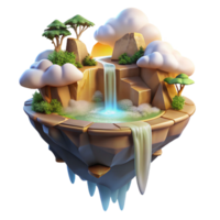 elegant classic A serene, floating island with waterfalls cascading down its sides, surrounded by a swirling mist, illuminated by a soft, golden light. Fantasy landscape art style original png
