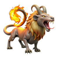magnificent abstract A fearsome chimera with a lion's head, a goat's body, and a serpent's tail, breathing fire, lit by the orange glow of the flames, in a medieval tapestry style exclusive png