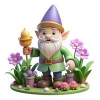 extraordinary artistic A whimsical gnome with a pointed hat and oversized boots, tending a magical garden filled with glowing flowers. Warm lighting, storybook illustration style authentic png