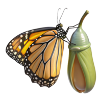 dramatic contemporary A monarch butterfly emerging from its chrysalis, wings still wet, macro photography, soft, natural lighting authentic png