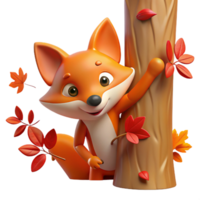 extraordinary modern A sly fox peering out from behind a tree, autumn leaves falling around it, warm orange and red hues, storybook illustration style high quality png