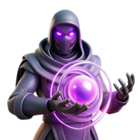 vibrant creative An enigmatic, masked figure holding a glowing orb, standing amidst a swirling vortex of energy, illuminated by a mysterious, purple light. Sci-fi fantasy art style exclusive png
