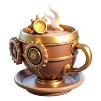 wonderful artistic A whimsical steampunk teacup, porcelain with brass accents and gears, steam rising from the hot tea, warm, inviting lighting professional png