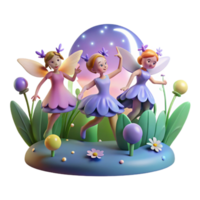 impressive rustic A group of fairies dancing in a moonlit meadow, surrounded by glowing flowers, in a whimsical, Art Deco style high quality png