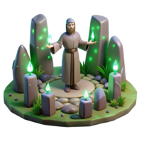 dramatic contemporary A wise druid performing a ritual in a stone circle, surrounded by glowing runes. Mystical atmosphere, soft lighting. Celtic style professional png