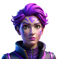 serene minimalist Portrait of a nonbinary person with vibrant purple hair and intricate face paint, illuminated by neon lights, in a cyberpunk style exclusive png