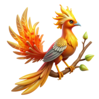 beautiful creative A majestic Slavic firebird perched on a blooming tree branch, feathers glowing with intense light, dark forest background. Slavic folklore style professional png