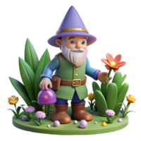 impressive modern A whimsical gnome with a pointed hat and oversized boots, tending a magical garden filled with glowing flowers. Warm lighting, storybook illustration style high quality png