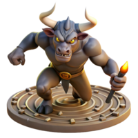 dramatic classic A powerful minotaur charging through a labyrinth, dust motes swirling in shafts of torchlight, in a dynamic comic book style exclusive png