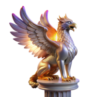 elegant minimalist A majestic griffin with iridescent feathers, perched atop a crumbling marble pillar, lit by a single ray of golden light, in a hyperrealistic style genuine png